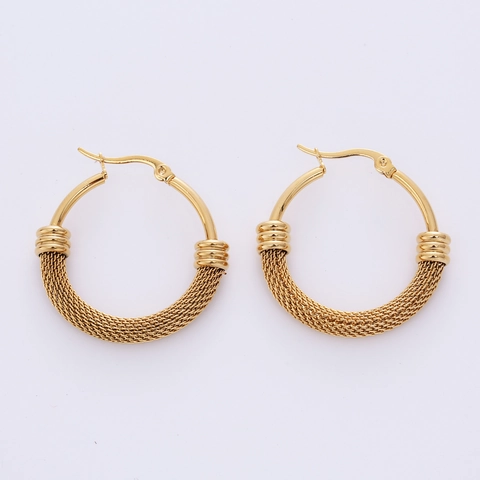 Orecchini A Cerchio Trama A Maglia Acciaio Inossidabile 316L Placcato Oro 18K Tondo Gioielli Di Moda Retrò Per Donna