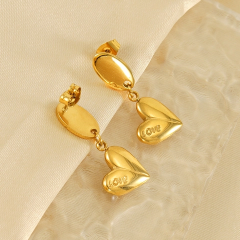 Heart Drop Earrings Gold Plated Stainless Steel Love Engraved Vintage Elegant Style Women Fashion Jewelry Accessories