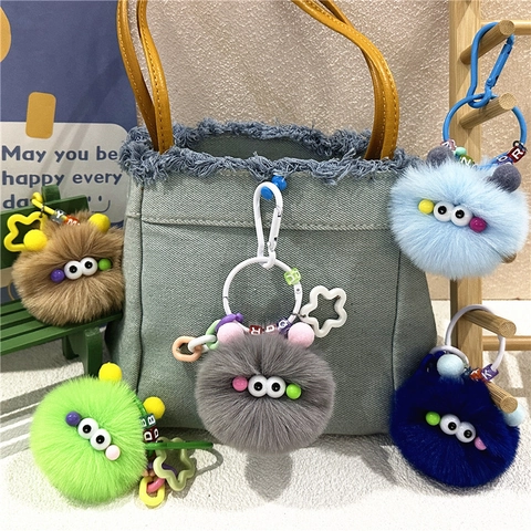 Süßer Plüsch Monster Schlüsselanhänger Hässlich Niedlicher Rußball Kunstfell Rucksack Anhänger Mit Perlen Stern Haken Geschenk