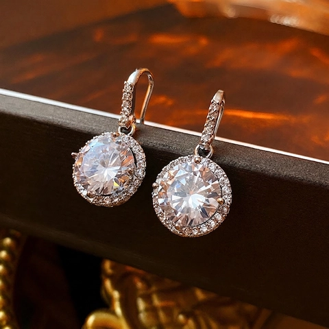 Halo Round Cubic Zirconia Dangle Earrings With Silver Earring Post Shiny Elegant Versatile Jewelry For Women