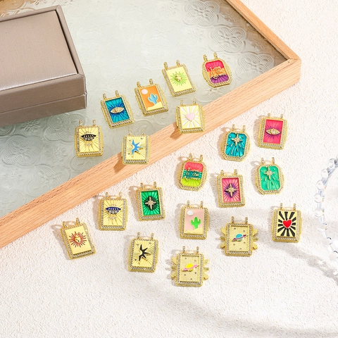Vintage Rectangle Pendant Charms For DIY Jewelry Making Copper Enamel Zircon Tarot Style Eye Heart Cactus UFO Gold Plated