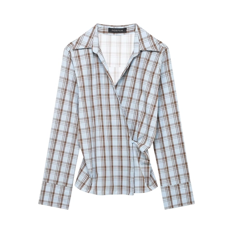Women Plaid Wrap Blouse Polyester Long Sleeve Cross Front V Neck Side Button Checkered Shirt Casual Elegant Tops