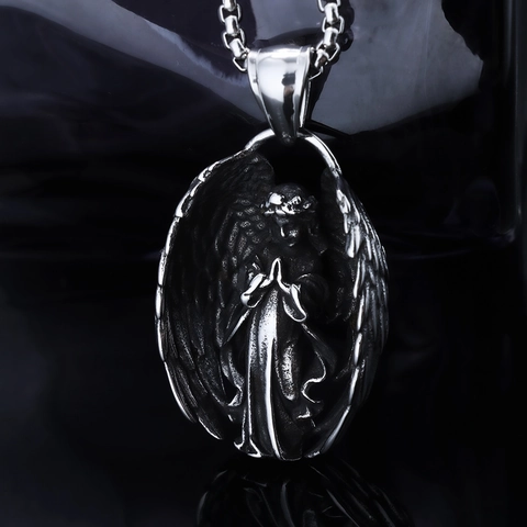 Praying Angel Pendant Necklace Stainless Steel Retro Gothic Religious Jewelry For Men Women Vintage Silver Color