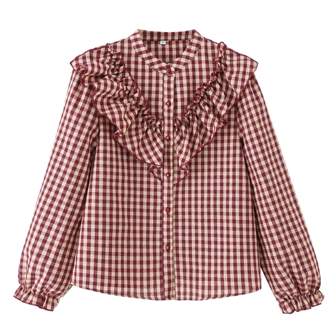 Camicetta A Quadri Maniche Lunghe Cotone Collo Alto Retro Camicia Con Volant E Bottoni Per Donna