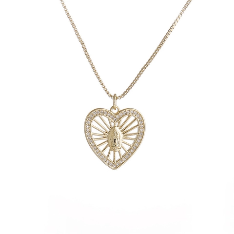 Hart Hanger Ketting Verguld Koper Micro Pave Zirconia Religieuze Maagd Maria Reliëf Box Ketting Sieraden Vrouwen