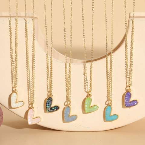 Heart Pendant Necklace Copper Shell Enamel Mosaic Jewelry Colorful 14K Gold Plated Fashion For Women