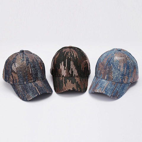 Sequin Denim Baseball Cap Vintage Washed Adjustable Sun Hat Outdoor Fashion For Women Men