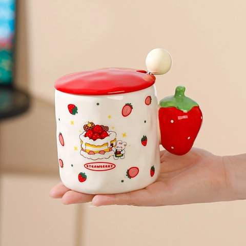 Fruit Ceramic Mug With Lid And Spoon Creative Fruit Shaped Handle Cute Cartoon Rabbit Coffee Cup Home Office Gift