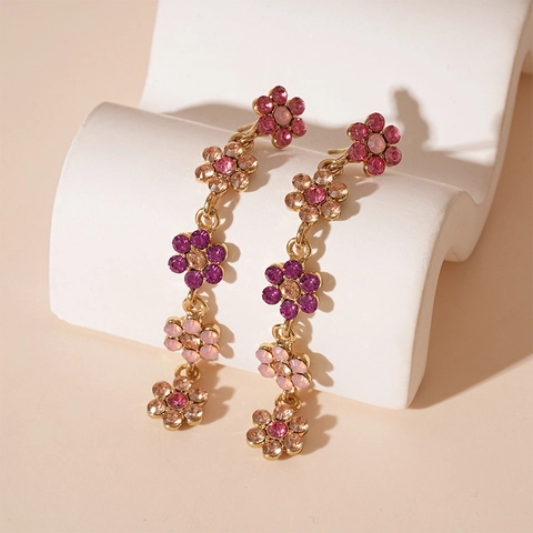 Colorful Rhinestone Flower Long Drop Earrings With Silver Earring Post Sweet Gradient Floral Fashion Jewelry For Women