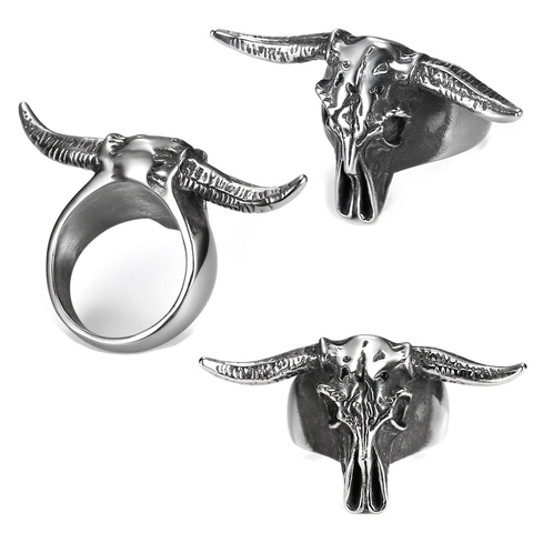 Widder Widderkopf Totenkopf Ring Edelstahl Gothic Punk Vintage Biker Longhorn Polierter Schmuck Für Herren