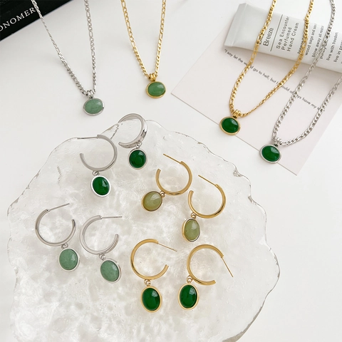 Roestvrijstalen Aventurijn Steen Sieradenset Groene Ovale Hanger Ketting C Ring Oorbellen Voor Dames Minimalistisch