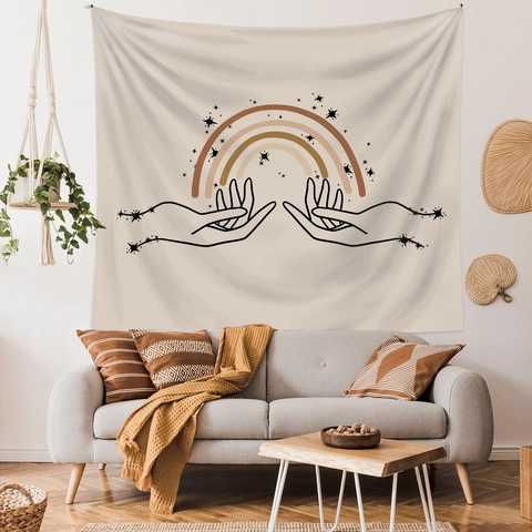 Arazzo Da Parete Bohemien Mani Che Tengono Arcobaleno Stelle Arte Lineare Minimalista Tessuto Appeso Poliestere Decorazione Stanza