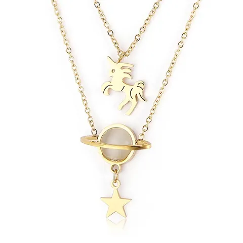 Collar De Doble Capa De Acero Inoxidable Chapado En Oro Colgante De Unicornio Planeta Estrella Joyería Para Mujer