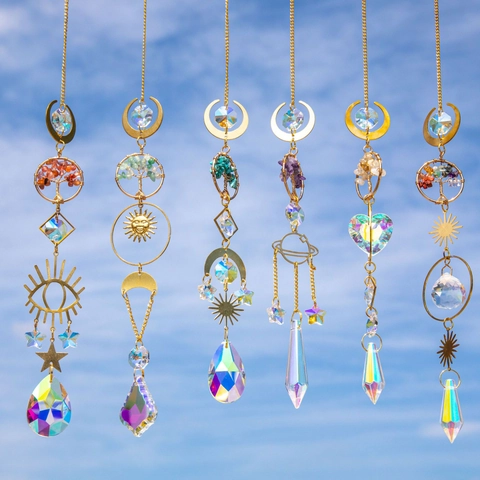 Handmade Tree Of Life Crystal Suncatcher Hanging Ornament Gold Metal Prism Pendant For Window Garden Home Decoration