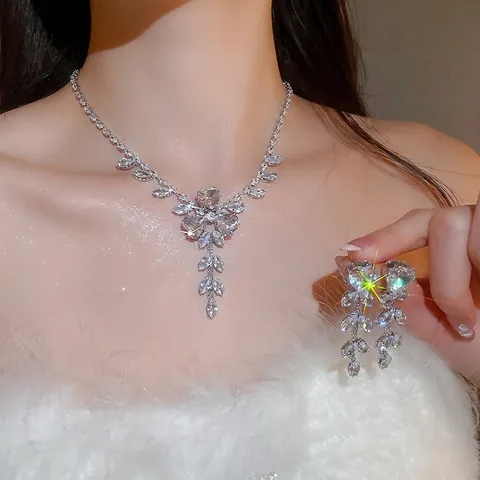 Zircon Flower Wheat Ear Tassel Necklace And Earrings Elegant Luxury Copper Jewelry Women Bridal Silver Earring Post