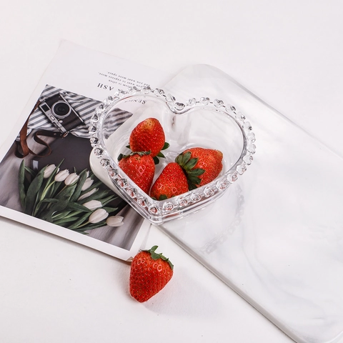 Heart Shaped Glass Bowl With Beaded Edge Transparent Dessert Salad Fruit Plate For Breakfast Snack Home Kitchen Decor