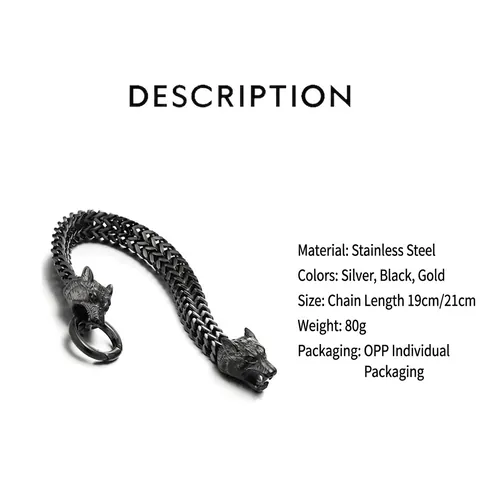 Pulsera Cabeza De Lobo Acero Inoxidable Cadena Vikinga Joyería Hombre Biker Hip Hop Punk Estilo Retro Accesorio