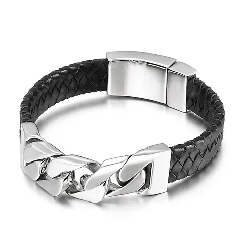 Bracciale Da Uomo In Pelle Intrecciata Con Catena Cubana In Acciaio Inossidabile 316L Motivo Teschio Stile Punk Biker Nero Argent