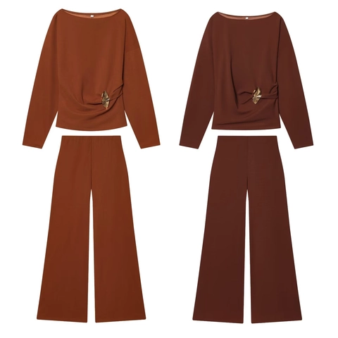 Women Boat Neck Long Sleeve Top And Wide Leg Pants Solid Color Metal Buckle Decor Casual Outfits