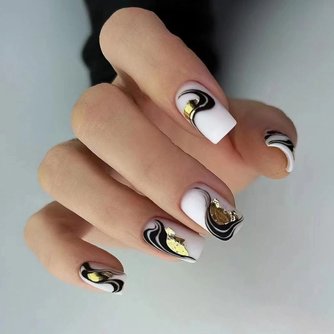Abstract Black Gold Stripe Press On Nails White Marble Pattern Square Shape False Nails Manicure For Women