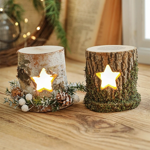 Weihnachts-Holz-Baumstumpf-Tischlampe Stern-Hohl-LED-Desktop-Ornament Birkenrinde Rustikale Wald-Feiertags-Nachtlicht