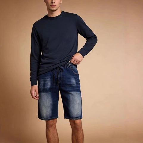 Men Denim Shorts Elastic Drawstring Waist Washed Distressed Casual Summer Streetwear Cotton Blend Five-Point Pants