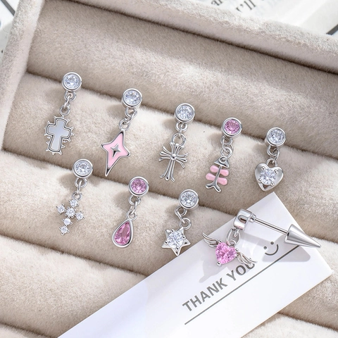 Kraakbeen Stud Oorbel Titanium Staal Zirkonia Roze Emaille Hanger Piercing Sieraden Ster Kruis Vleugel Hart Voor Dames