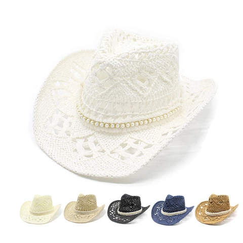 Sombrero De Vaquero De Paja Calado Sombrero De Sol De Papel Con Decoración De Perlas Artificiales Transpirable De Ala Ancha Viaje A La Playa