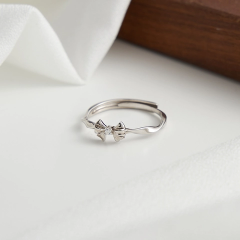 S925 Sterling Silver Bow Adjustable Ring For Women Sweet Rhinestone Inlaid Opening Finger Ring Fashion Jewelry Gift