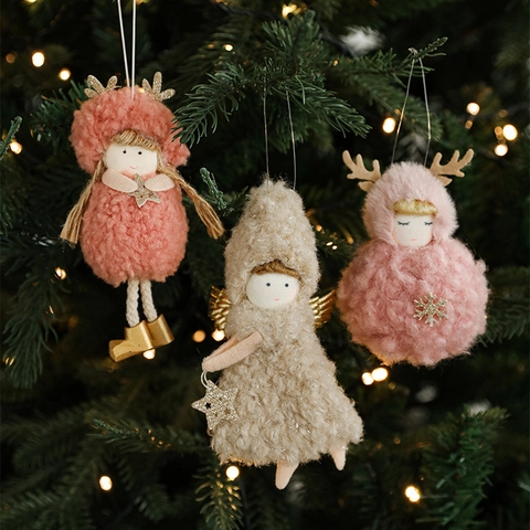 Christmas Plush Angel Girl Hanging Ornament Reindeer Antler Wings Doll Festive Xmas Tree Decoration Soft Fabric Craft