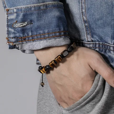 Natural Stone Lava Rock Braided Bracelet Adjustable Rectangular Bead Mandala Alloy Charm Fashion Jewelry For Men Women