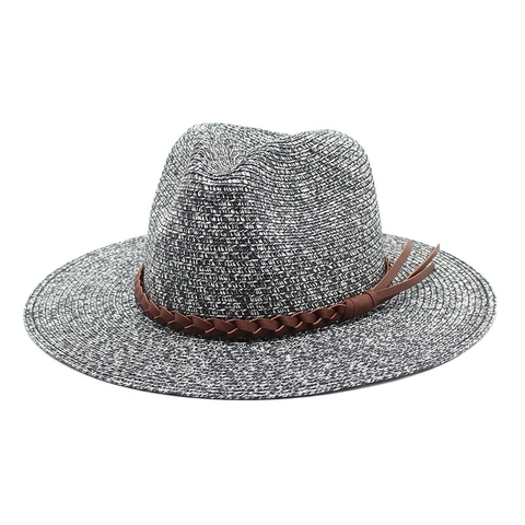 Chapeau Fedora en Paille de Papier à Large Bord Unisexe Respirant Pliable Panama Chapeau de Soleil Avec Bande en Cuir Tressé