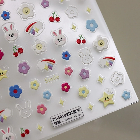 Nail Art Stickers 5D Embossed Self Adhesive Colorful Rainbow Cartoon Rabbit Flower Decor Decals Cute For Women
