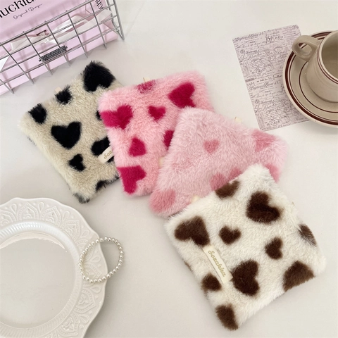Heart Pattern Square Plush Coaster Heat Resistant Faux Fur Cup Mat Home Office Desktop Decor INS Style Soft