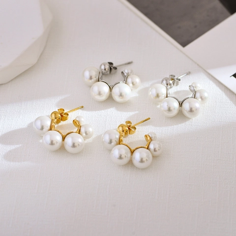 Elegant Cluster Artificial Pearl Stud Earrings With 925 Sterling Silver Earring Post Stainless Steel C-Shape Jewelry For Women