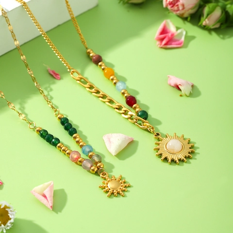 Vintage Sun Pendant Necklace Stainless Steel Natural Stone Beaded Colorful Bohemian Gold Plated Neck Chain For Women