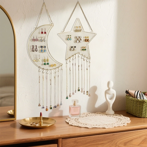 Wall Mounted Jewelry Organizer Rack Metal Iron Mesh Star Moon Shape Grid Hooks Hanging For Earrings Necklace Display