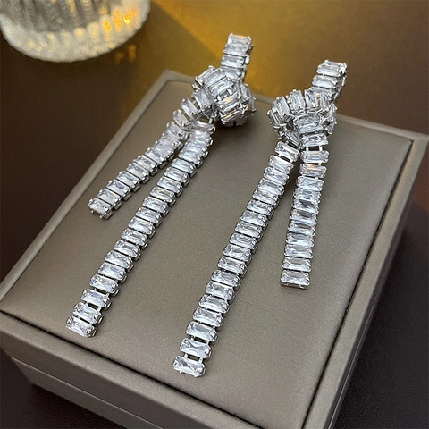 Zircon Knot Tassel Drop Earrings With 925 Sterling Silver Earring Post Copper Elegant Luxury Jewelry For Women