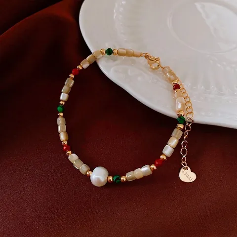 Perlenarmband Mit Süßwasserperlen Muschelperlen Und Edelstahl Herzanhänger Retro Vergoldeter Schmuck Für Damen
