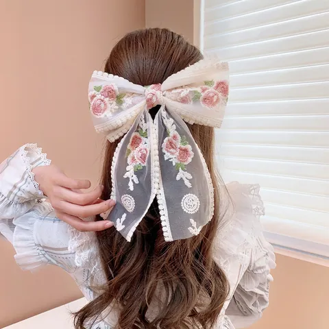 Pinza Para El Pelo Con Lazo Bordado Floral Elegante Encaje Malla Cinta Dulce Retro Francés Accesorios Cabello Mujer