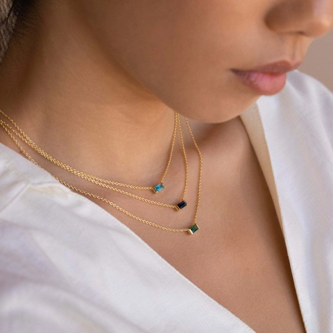 Lussuosa Collana in Rame Placcato Oro Con Pietra Natale Ciondolo Zircone Rettangolare Gioielli Donna Taglio Baguette