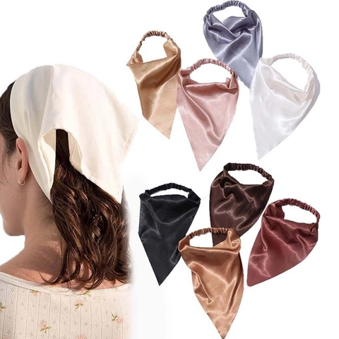Fazzoletto Triangolare In Raso Bandana Da Donna Fascia Per Capelli Elastica Tinta Unita Texture Raso Accessorio Moda