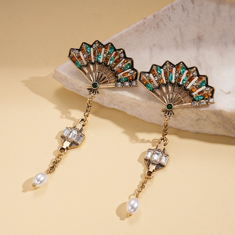 Vintage Abanico Pendientes Colgantes Con Aleación Diamantes De Imitación Cristal Perla Artificial Sintética Y Poste De Plata