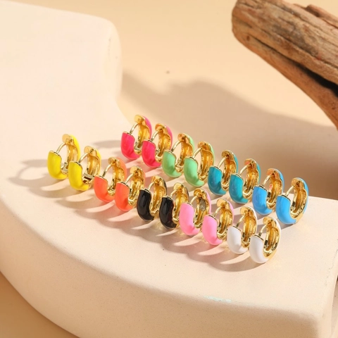 Colorful Enamel Huggie Hoop Earrings Gold Plated Copper Fashion Minimalist Round Jewelry For Women Dopamine Vibrant Style