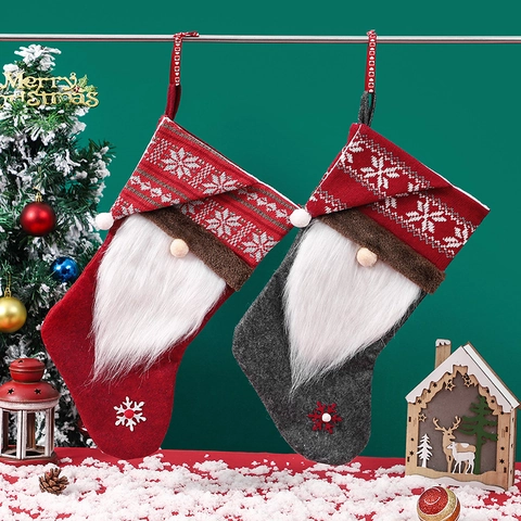 Christmas Stockings Gnome Swedish Tomte Design Knit Felt Faux Fur Long Beard Snowflake Pattern Holiday Hanging Ornament Gift Bag
