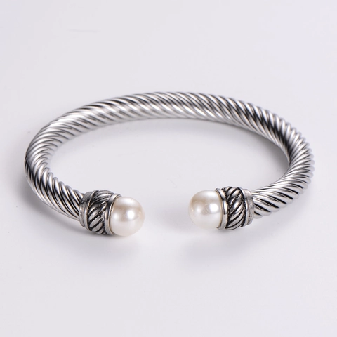 Stainless Steel Cable Twist Open Bangle With Imitation Artificial Pearl Ends Punk Retro Adjustable Bracelet For Men