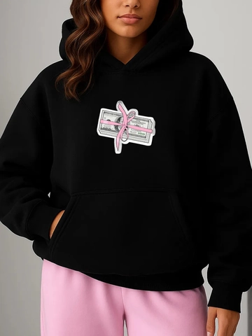 Women Black Hoodie Cotton Blend Dollar Graphic Long Sleeve Loose Streetwear Sweatshirt Pink Ribbon Design