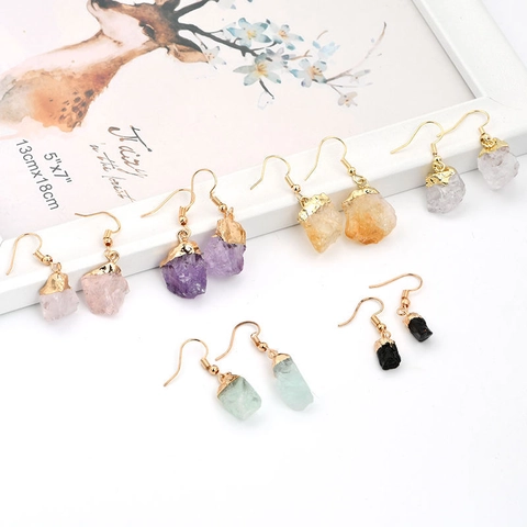 Natural Raw Gemstone Dangle Earrings Gold Plated Metal Hook Amethyst Citrine Crystal Jewelry For Women
