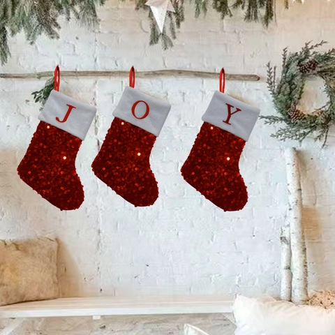 Calza Di Natale Con Paillettes Rosse Con Polsino In Velluto Bianco Lettera Ricamata Ornamento Appeso Sacchetto Regalo