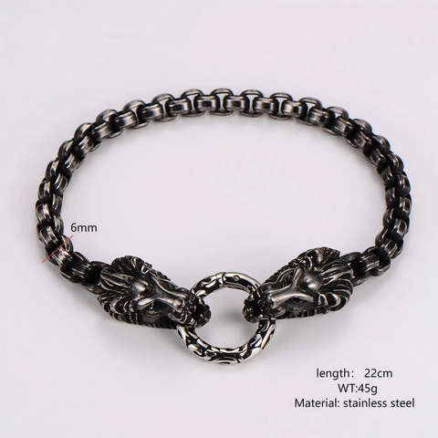 Bracelet Chaîne Double Tête De Lion Vintage Acier Inoxidable 304 Punk Hip Hop Gothique Bijoux Motard Pour Hommes